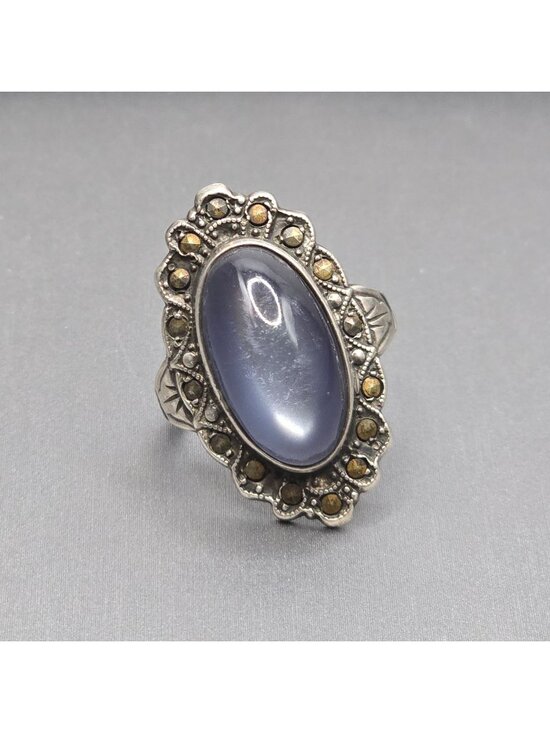 Uncas Jewelry - Vintage Uncas Sterling Silver Marcasite Faux Alexandrite Ring Size 6 USA